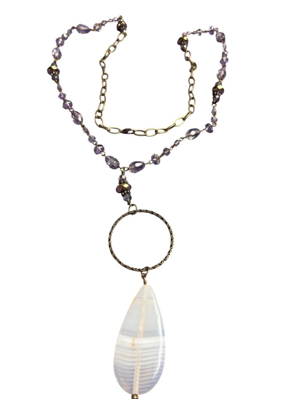 Faceted Glass Beaded Antiqued Goldtone Chain Necklace Banded Agate Teardrop